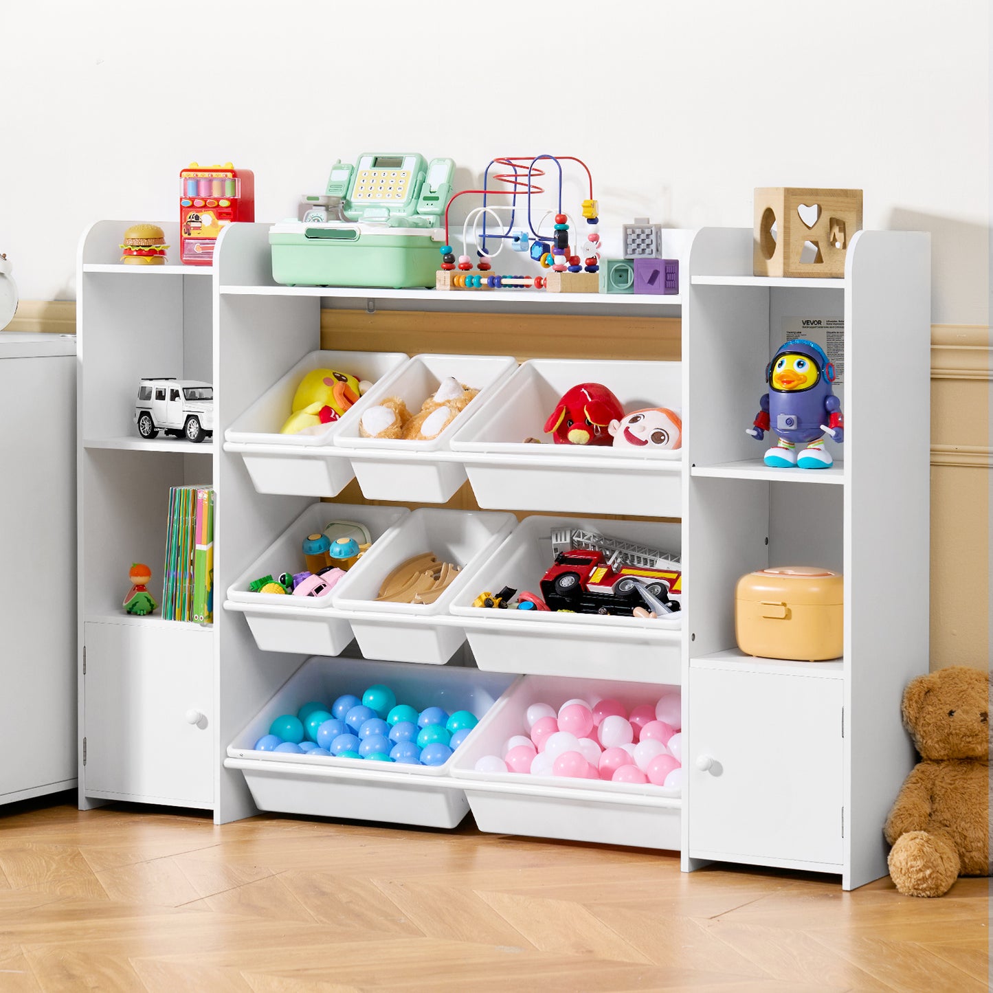 VEVOR 4-Tier Kids Toy Storage and Bookshelf with 8 Flexible Plastic Bins White 44-48inch/54-58inch