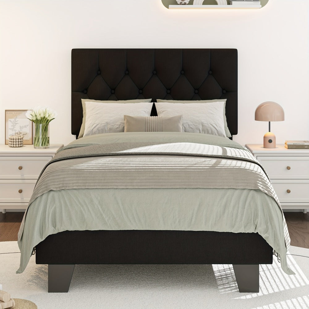 Platform Bed Frame with 21 Inch Soft Padded Headboard Striped or Button Tufted Solid Wood Slats Art Legs Twin Full Queen Black Linen Dark Grey White Velvet