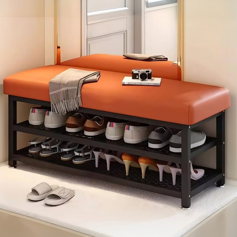 Entryway Shoe Bench with Cushion and Storage Rack, Metal Frame Shoe Changing Stool with Multi-Compartment Organizer for Foyer Bedroom, 24 or 32 Inch, Grey Orange