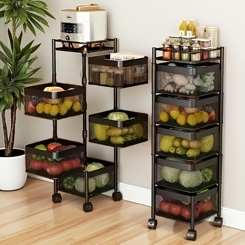 Five Layer Rotating Storage Rack, Metal Fruit And Vegetable Storage Basket, Multi-layer Vegetable Rack, Wheeled Storage Cart, Kitchen Bathroom Floor Standing Basket, Square, Suitable for Kitchen, Bathroom, And Garage Storage., Utility Shelves