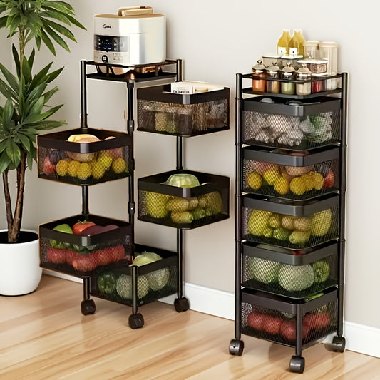 Five Layer Rotating Storage Rack, Metal Fruit And Vegetable Storage Basket, Multi-layer Vegetable Rack, Wheeled Storage Cart, Kitchen Bathroom Floor Standing Basket, Square, Suitable for Kitchen, Bathroom, And Garage Storage., Utility Shelves