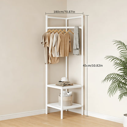 Corner Coat Rack with Shelves & Hanging Rods | Freestanding 2-Tier or 3-Tier Corner Clothes Hanger, Multi-Functional Storage Rack for Entryway, Bedroom, Bathroom | White or Black