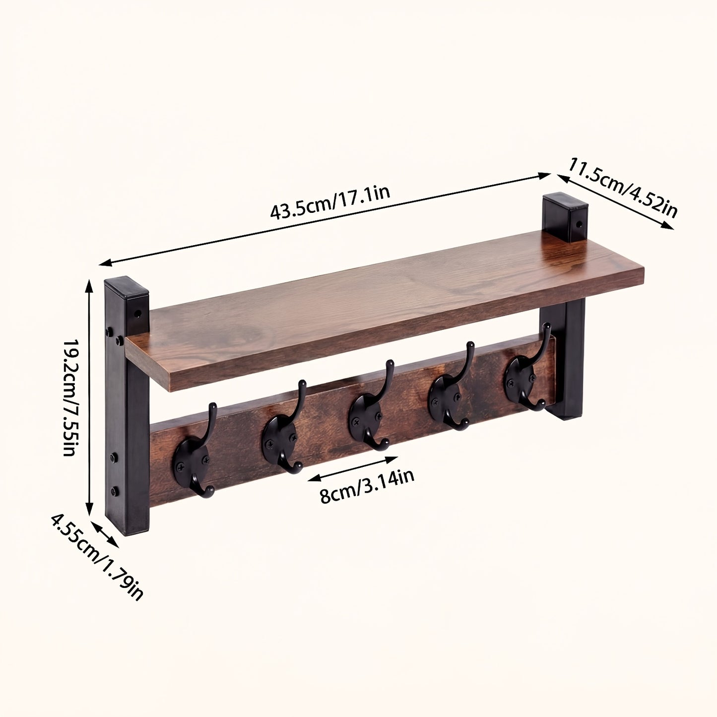 Heavy Duty Industrial Metal Wall-Mounted Coat Rack with Shelf & Hooks - Rustproof Entryway Organizer with Multi-Tier Storage, Space-Saving Design for Hallway, Porch, Mudroom - Sturdy Hardwood/Metal Construction, No Assembly Required