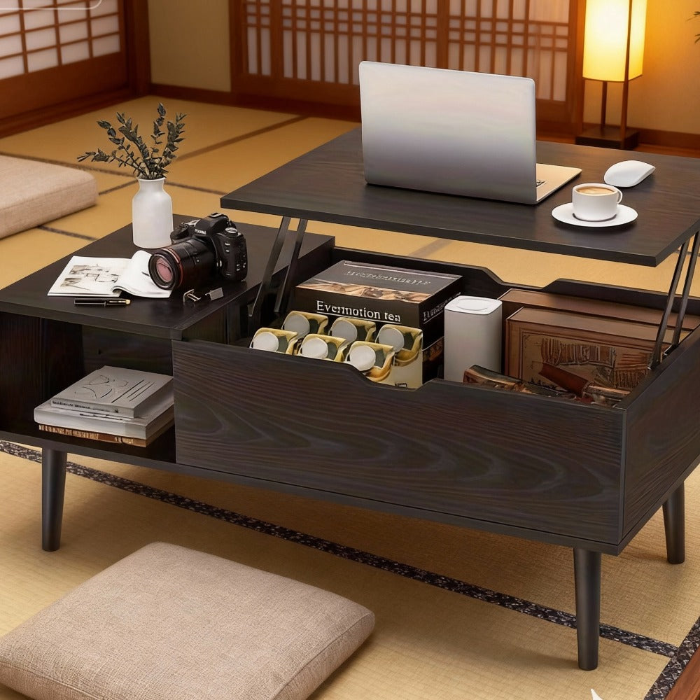 Lift Top Coffee Table with Storage Compartment & 2 Cubbies | Adjustable Height, Brown Wood, Metal Frame, Contemporary Style, Easy Assembly | OLIXIS