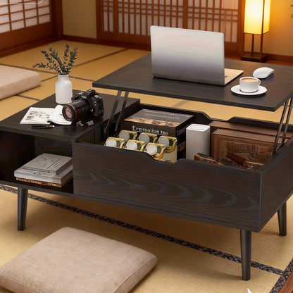 Lift Top Coffee Table with Storage Compartment & 2 Cubbies | Adjustable Height, Brown Wood, Metal Frame, Contemporary Style, Easy Assembly | OLIXIS