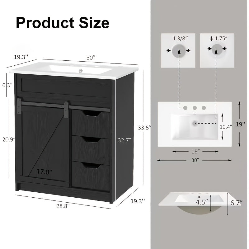 30 Inch Cottage Style Bathroom Vanity with Sink - Solid Wood Cabinet 3 Drawers Barn Door Sliding Shelf Ceramic Undermount Sink Modern Farmhouse Design