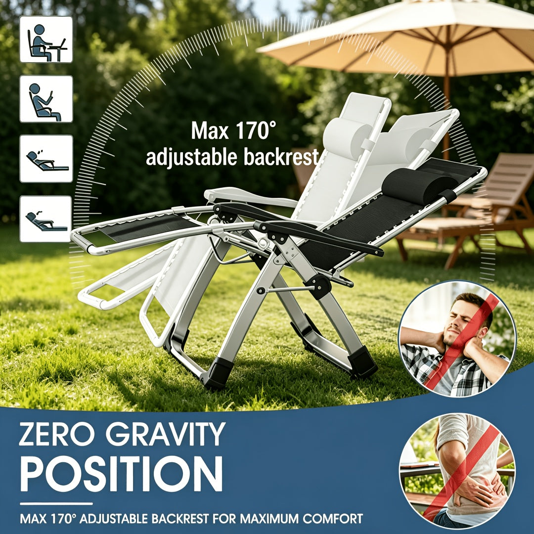 Portable Folding Chaise Lounge Chair, Outdoor Lawn Recliner with Removable Cushion, Headrest & Cup Holder, Heavy Duty Patio Reclining Chair Supports 440 Lbs
