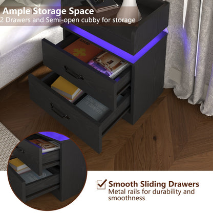Smart LED Nightstand with Charging Station – Narrow Bedside Table 2 Drawers, Entryway Side Table, Black White, 1pc or 2pcs Set for Bedroom Living Room