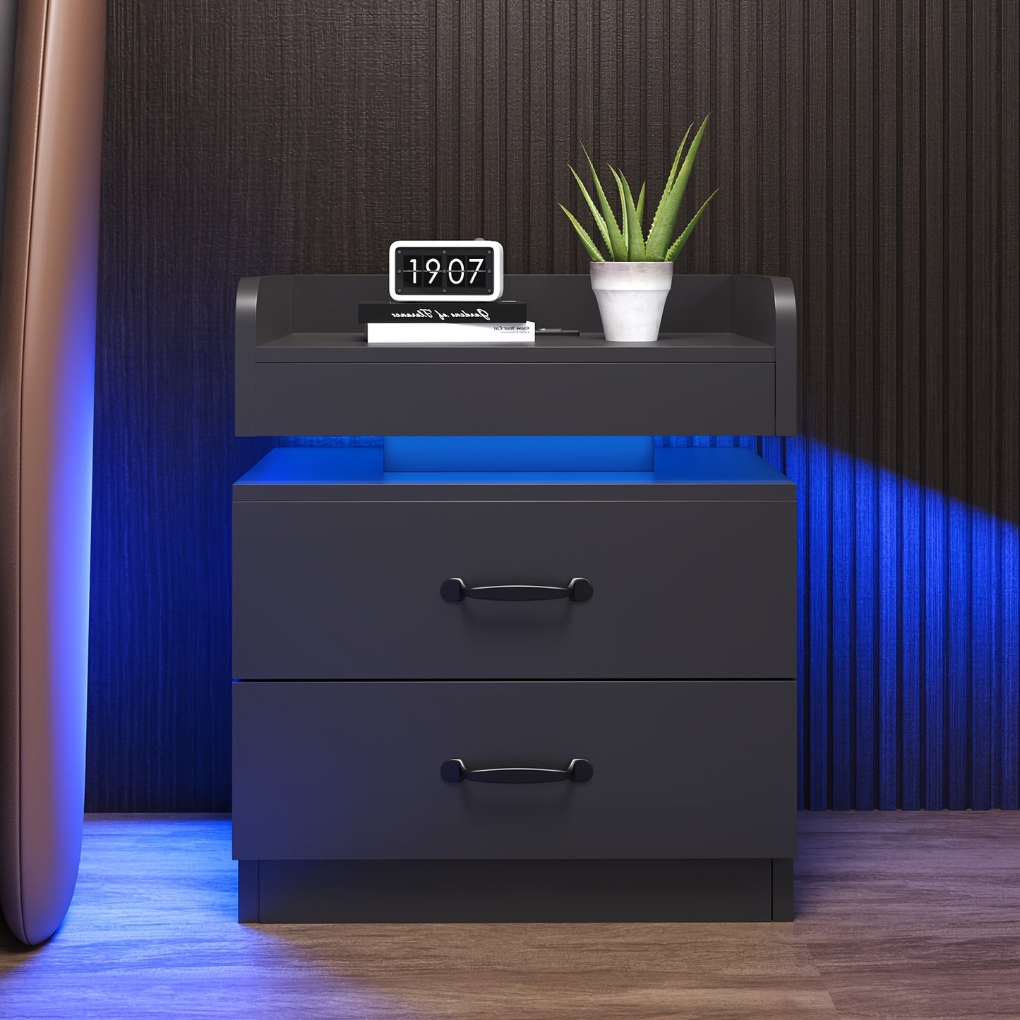 Nightstand with Charging Station LED Lights 2 Drawers Modern Black Bedside Table End Table with Storage for Bedroom Living Room