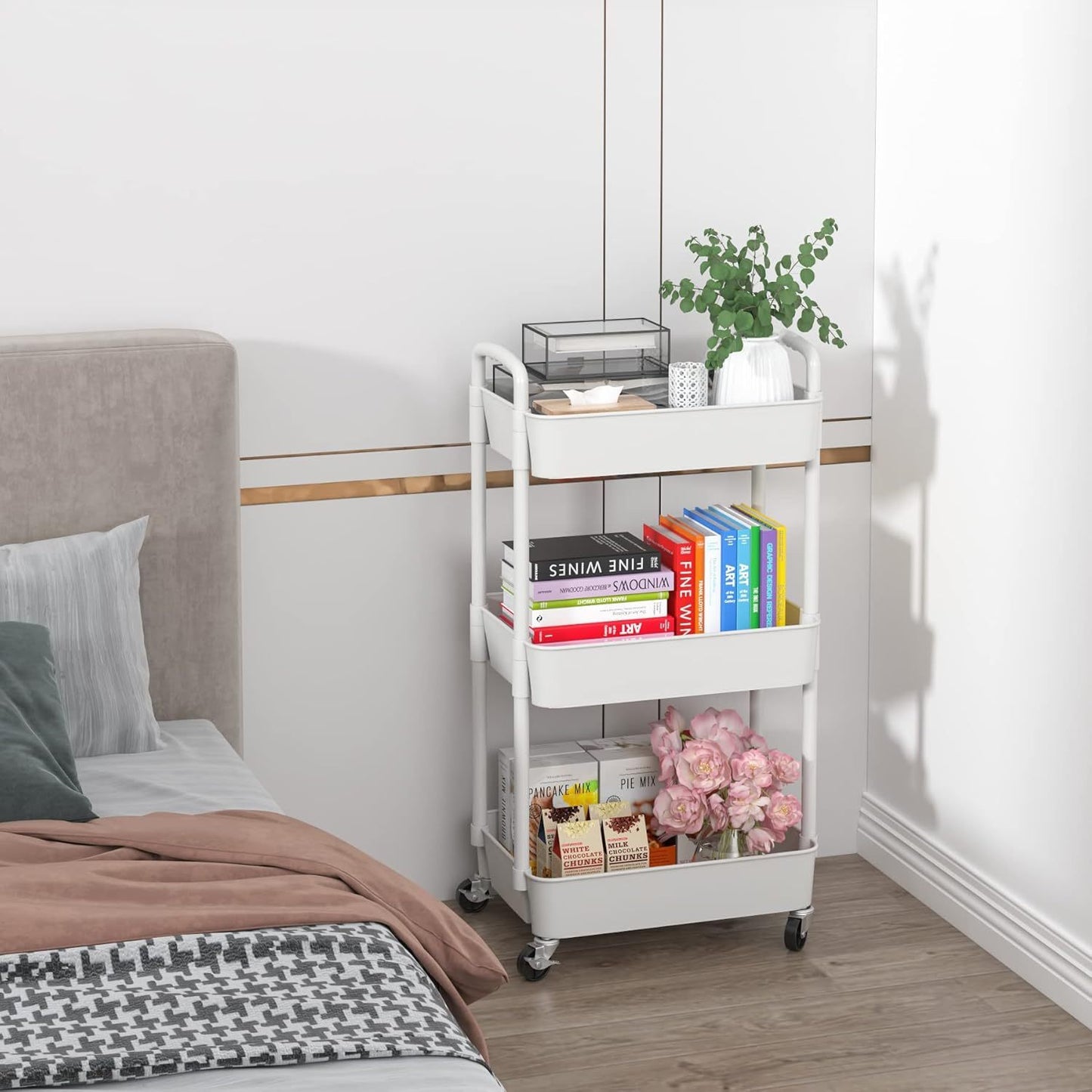 3-Tier Plastic Rolling Utility Cart with Handle, Multi-Functional Storage Trolley for Office, Living Room, Kitchen, Movable Storage Organizer with Wheels
