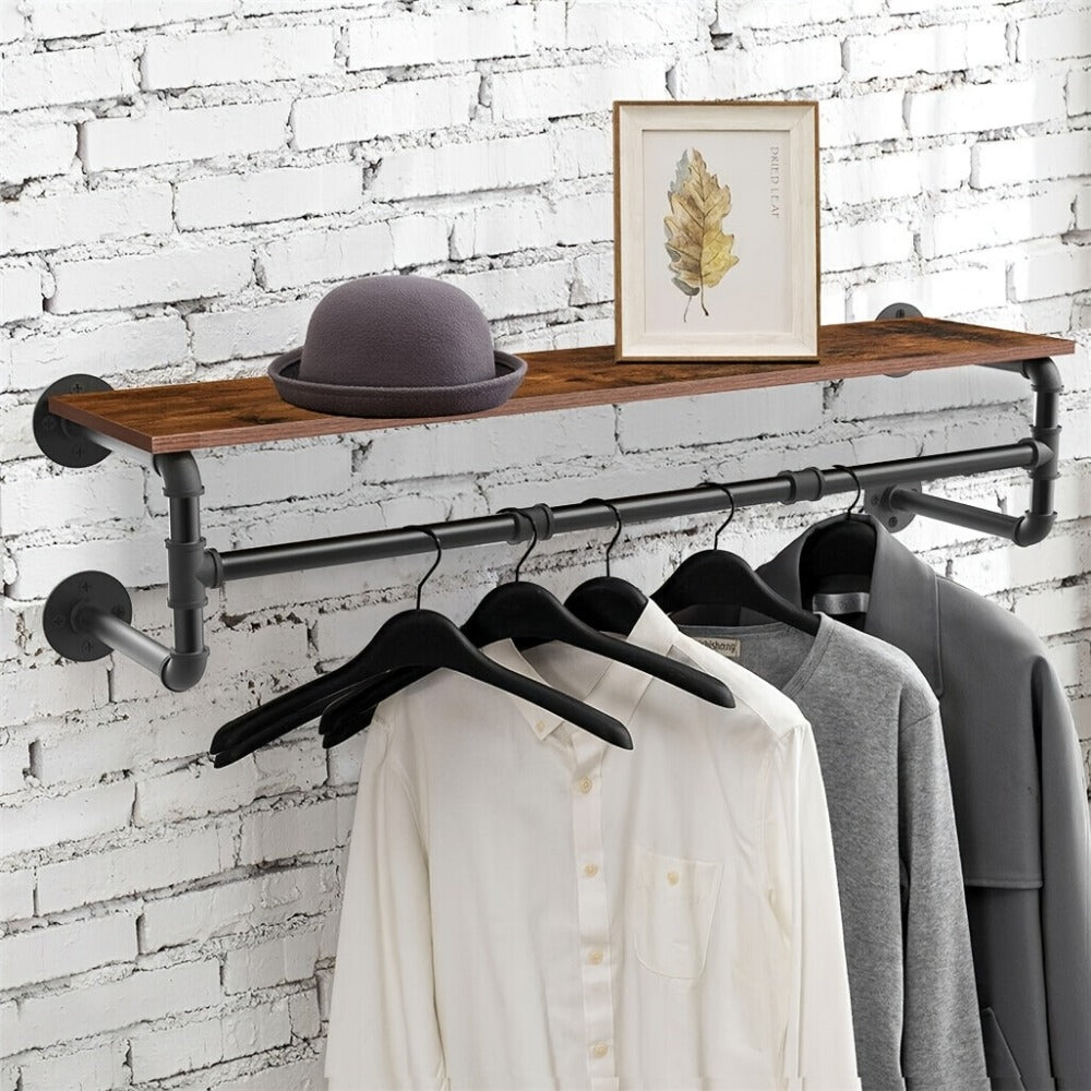 Wall Mounted Industrial Pipe Clothes Rack with Top Wood Shelf and 3 Hooks 66 Lb Capacity Heavy Duty Garment Rack for Bedroom Closet Entryway 39.3 Inch