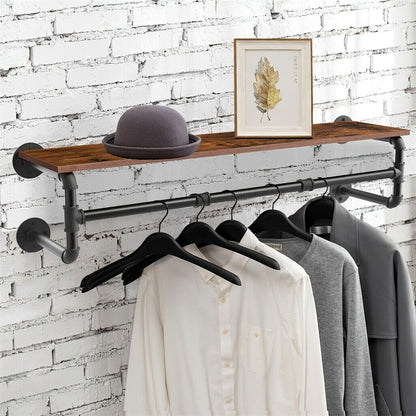 Wall Mounted Industrial Pipe Clothes Rack with Top Wood Shelf and 3 Hooks 66 Lb Capacity Heavy Duty Garment Rack for Bedroom Closet Entryway 39.3 Inch