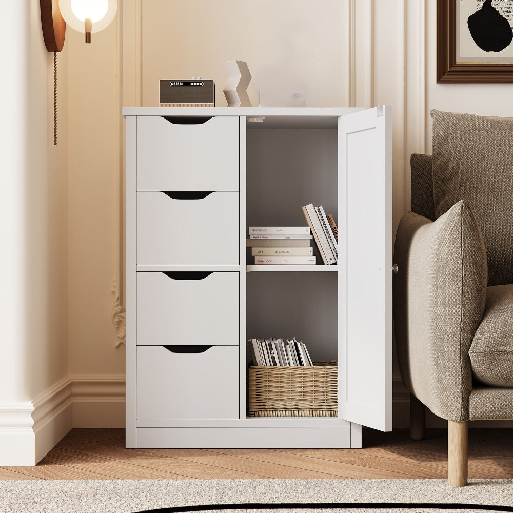 JAMFLY Wooden Bathroom Floor Cabinet, Side Storage Organizer Cabinet with 4 Drawers And 1 Cupboard, Freestanding Entryway Storage Unit Console Table, Home Decor Furniture