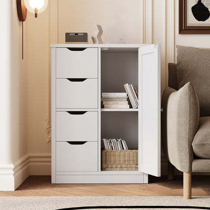 JAMFLY Wooden Bathroom Floor Cabinet, Side Storage Organizer Cabinet with 4 Drawers And 1 Cupboard, Freestanding Entryway Storage Unit Console Table, Home Decor Furniture