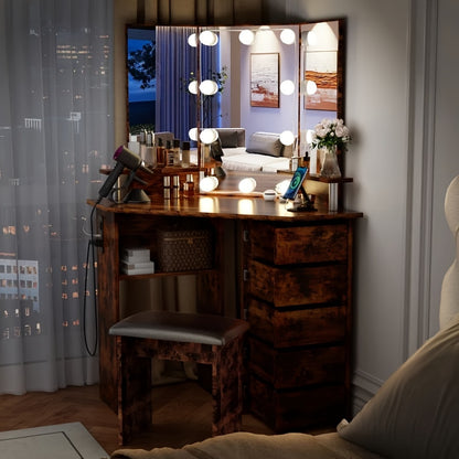42" Tri-Mirror Corner Makeup Vanity Desk with Outlet, Lights, 5 Sliding Drawers Or Rotating Drawers, Come with Stool