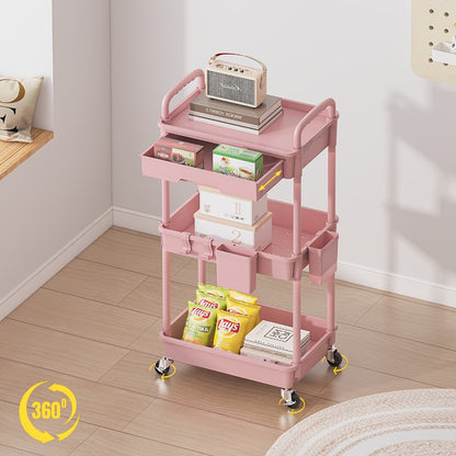 3-Tier Rolling Cart with Drawers Lockable Wheels Cup Holder Hooks Plastic Storage Organizer for Kitchen Bathroom Living Room Office Salon Black Grey Green Pink White