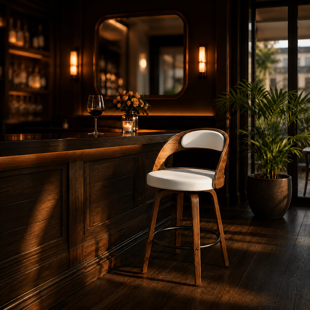 Modern 26" Counter Height Bar Stools Set Of 2, Ergonomic Faux Leather Swivel Chairs With Solid Wood Legs & Metal Footrest, Armless Design For Kitchen & Home Bar