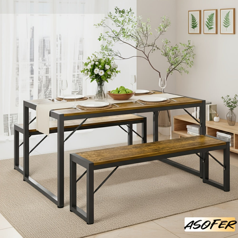 Dining Table Set for 4 with 2 Benches, 45.5" Space-Saving Dinette with Metal Frame & MDF Board for Kitchen & Dining Room, Retro Modern Style - Black/Gray