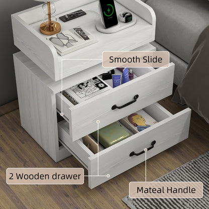 Nightstand with LED Lights & Charging Station – 2 Drawers Bedside Table, Modern End Table for Bedroom Living Room, White Black Grey, 1pc or 2pcs Set