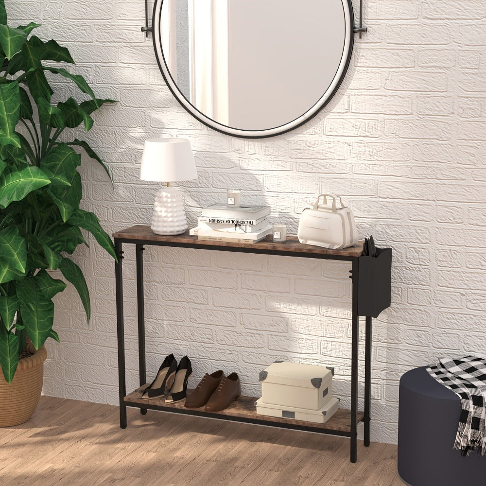 Console Table 39.4 Inch Rustic Brown, Entryway Sofa Table with Storage Shelf, Solid Wood and Engineered Wood Hallway Table for Living Room Bedroom Office