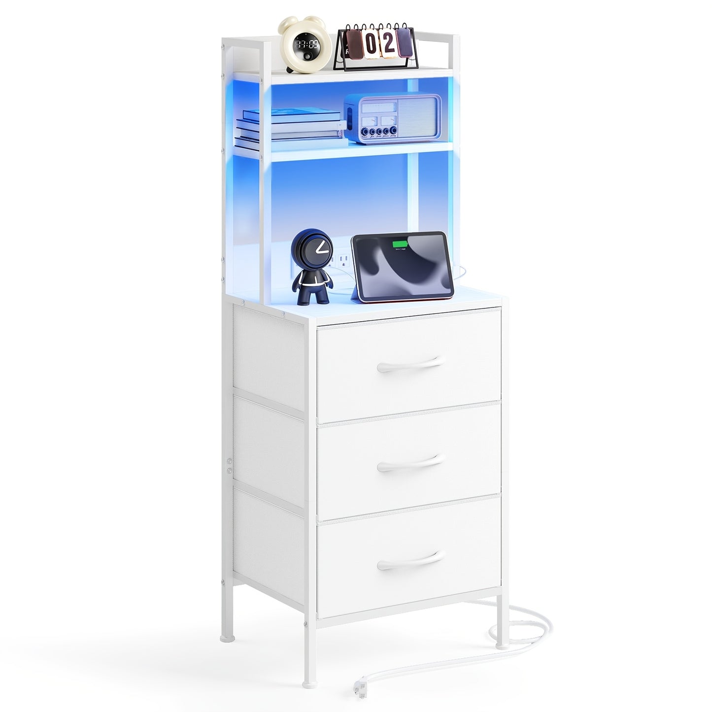 LED Nightstand with USB Ports Outlets Charging Station 41 47 Inch Tall Bedside Table 3 4 Drawer PU Fabric Storage Cabinet End Table for Bedroom Apartment Dorm Black Brown White