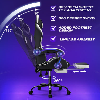 Gaming Chair with LED Light, Computer Chair with Footrest And Lumbar Support, Height Adjustable Game Chair with 360° Swivel Seat And Headrest for Office Or Gaming