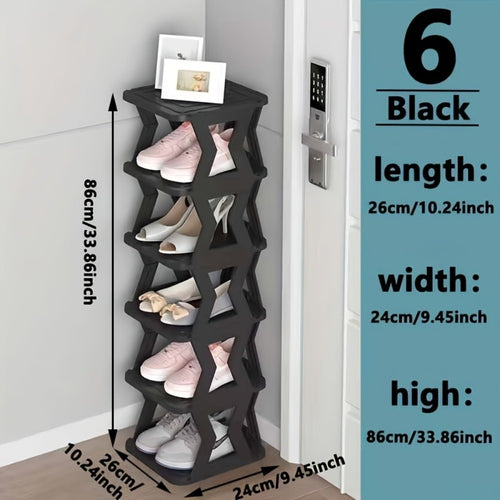 Removable Folding Narrow Shoe Rack 6/9 Tier Single Row Space Saving for Entryway Hallway Dorm Living Room Doorway, Indoor Shoe Organizer with Top Shelf for Keys & Small Items, Black