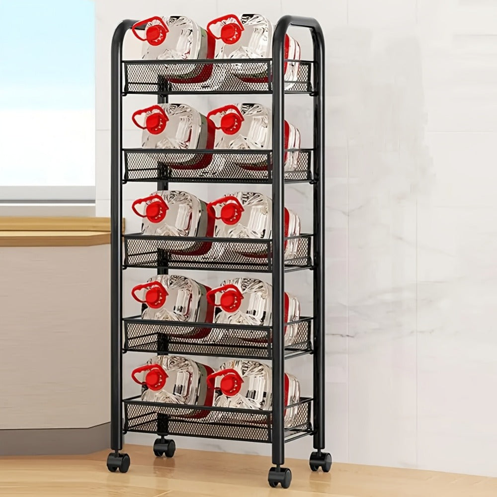 3/4/5-Tier Metal Rolling Storage Cart with Hooks & Mesh Baskets – 360° Swivel Wheels Kitchen Trolley for Narrow Gaps, Bathroom, Office & Garage