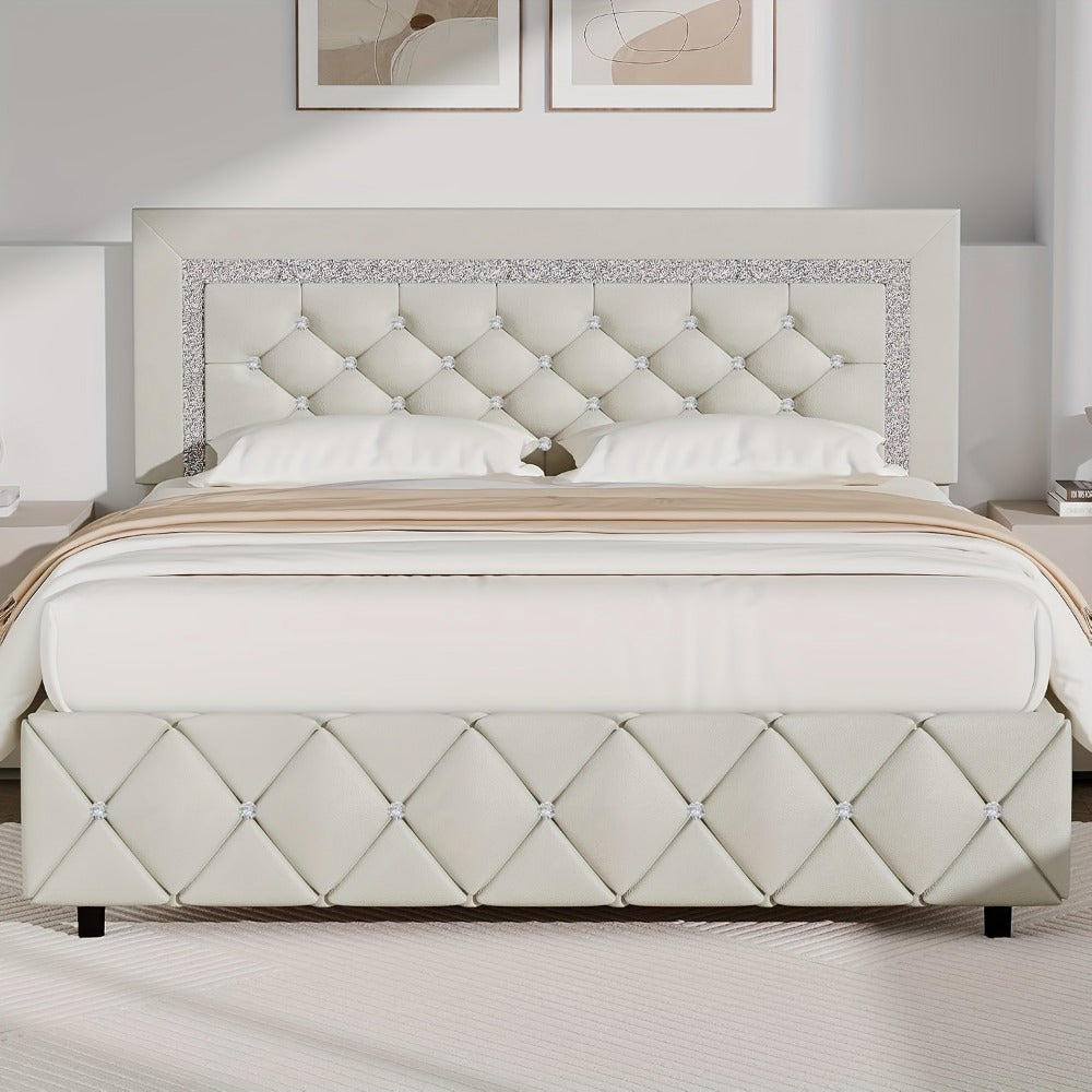 Upholstered Platform Bed Frame with Button-Tufted Diamond Headboard – Wooden Slats, No Box Spring Needed, Twin Full Queen King, Black White Pink Green Gray Beige
