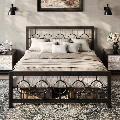 Metal Platform Bed Frame with Vintage Circular Design Headboard and Footboard Under Bed Storage No Box Spring Twin Full Queen King Black Brown
