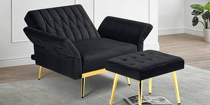 ACMEASE 31.5" Velvet Upholstered Single Chair with Adjustable Armrest And Back, Comfy Armchair with Movable Ottoman, Tufted Accent Chair with Soft Pillow for Living Room