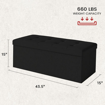 Storage Ottoman Bench with Storage Upholstered Leather & Linen 30 31.5 43.5 Inch Bedroom Living Room Entryway Closet Lift Top Hidden Compartment Footrest Seat Black Gray