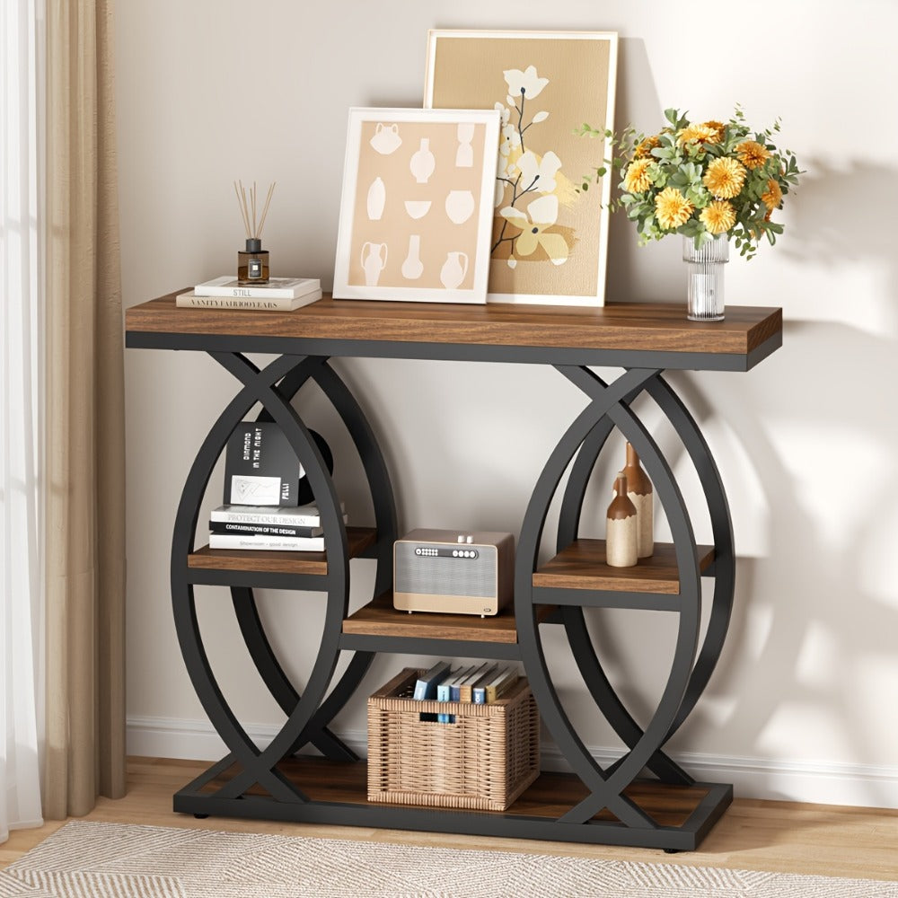 Console Table 39 Inch with 4-Tier Storage Shelves, Narrow Entryway Sofa Table Wood & Metal Frame for Hallway, Living Room & Small Spaces