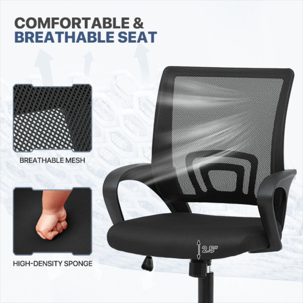 Ergonomic Office Chair Mid-Back Mesh Swivel Desk Chair with Lumbar Support Adjustable Height Sponge Seat Rolling Wheels, 300 lbs Capacity, 6 Colors, 1 or 2 Pack