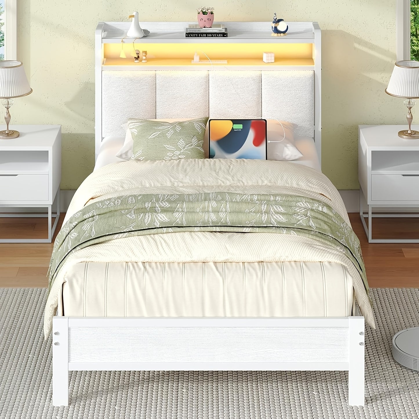 Twin Full Queen King Bed Frame with Storage Headboard And LED Lights, Charging Station, King Size Bed Frame with Headboard, Heavy-Duty Metal Slatted Base Support, No Spring Mattress Required, Easy Assembly, Grey, White, Cream