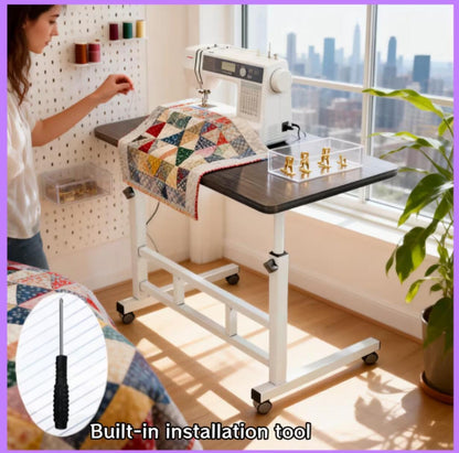 Adjustable Height Wheeled Mobile Table | Movable Multi-Purpose Side Table/Folding Table With Reinforced Frame And Lockable Wheels, Sewing Table With Lift Stand, Available In Black/White - Ideal For Bedrooms, Living Rooms, Studies, Small Spaces