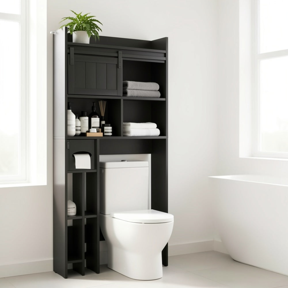 Over The Toilet Storage Cabinet with Sliding Door & Toilet Paper Holder Stand - Space-Saving Bathroom Organizer with Upper Shelf, Lower Storage & Door Storage, Freestanding Floor Cabinet for Bathroom, Restroom - Easy Assembly, No Tools Required, Modern Bl