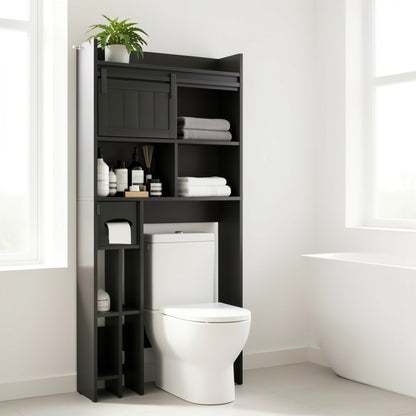 Over The Toilet Storage Cabinet with Sliding Door & Toilet Paper Holder Stand - Space-Saving Bathroom Organizer with Upper Shelf, Lower Storage & Door Storage, Freestanding Floor Cabinet for Bathroom, Restroom - Easy Assembly, No Tools Required, Modern Bl