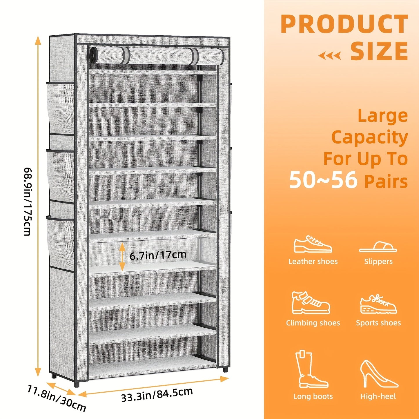 10-Tier Shoe Storage Organizer, Shoe Rack, Shoe Storage Cabinet, Large Capacity 50-56 Pairs Tall Shoe Shelf Free Standing Storage Cabinet Entryway Closet, Dustproof Floor Standing Storage Cabinet with Easy Assembly, for Halloween And Christmas