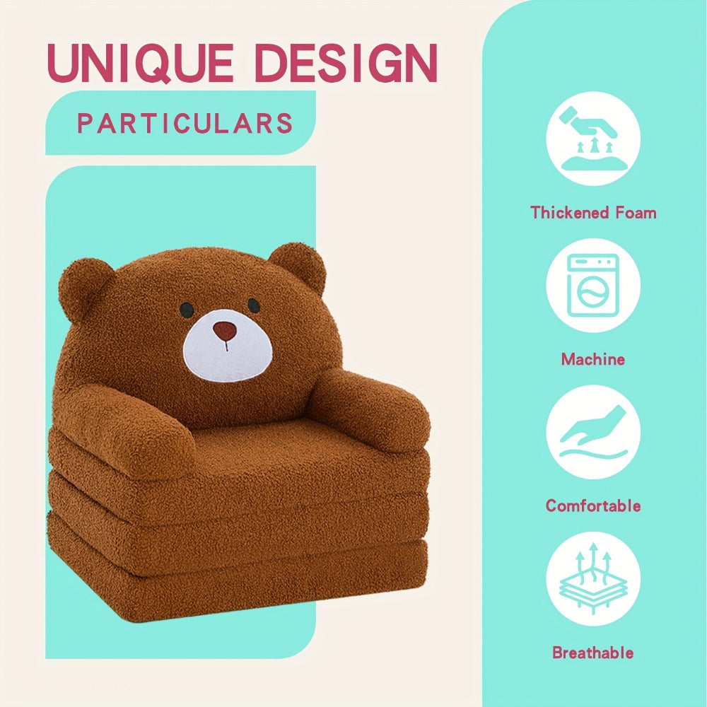 Cute Teddy Bear Kids Foldable Sofa 2-In-1 Fold Out Couch Soft Polar Fleece Chair High-Density Foam PP Cotton Lounger for Playroom Boys Girls Room Decor