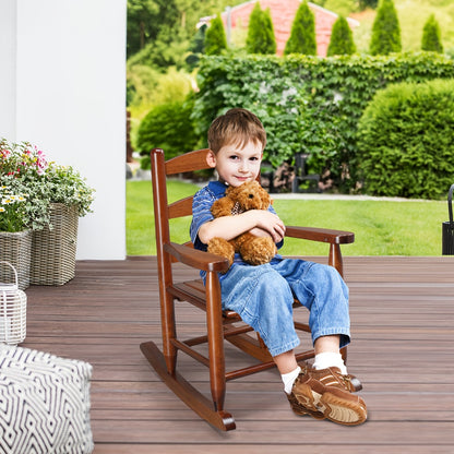 Kids Rocking Chair for 3-6 Ages, Small-Size, 14.8 X 18.5 X 22.6In, Solid Wood Material, All-Weather Wooden Porch Rocker with High Backrest, Ideal for Outdoor&Inddor, Birthday/Festival Gift for Children, Teak