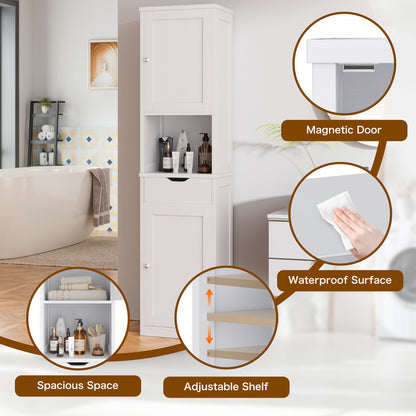 5-Tier Narrow Freestanding Storage Cabinet with 1 Drawer & 2 Doors - Suitable for Bathroom, Kitchen, Living Room - Space-Saving Tower Shelf Unit with Doors/Shelves, Floor Cabinet for Small Spaces, Modern (White)