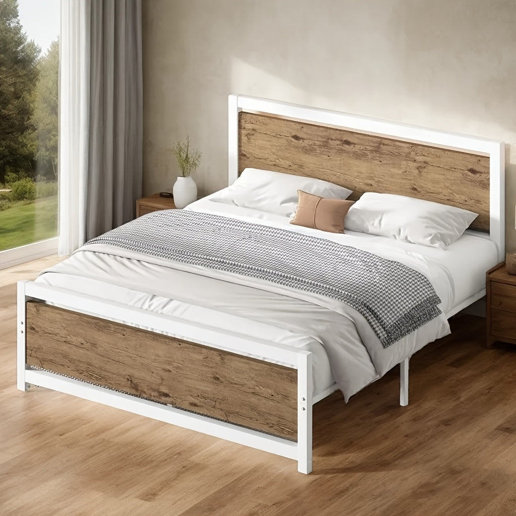 Metal Bed Frame Twin Full Queen Size Metal Bed Frame with Headboard, Wooden Steel Slat Support, Heavy Duty Platform, Under-Bed Storage, Available In White, Black, Brown, Grey