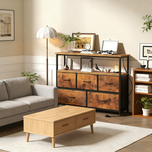 5-Drawer TV Stand Dresser Suitable for 45" Tvs - Media Console Featuring a Charging Station, 2 Shelves, And Storage for Living Room Or Bedroom