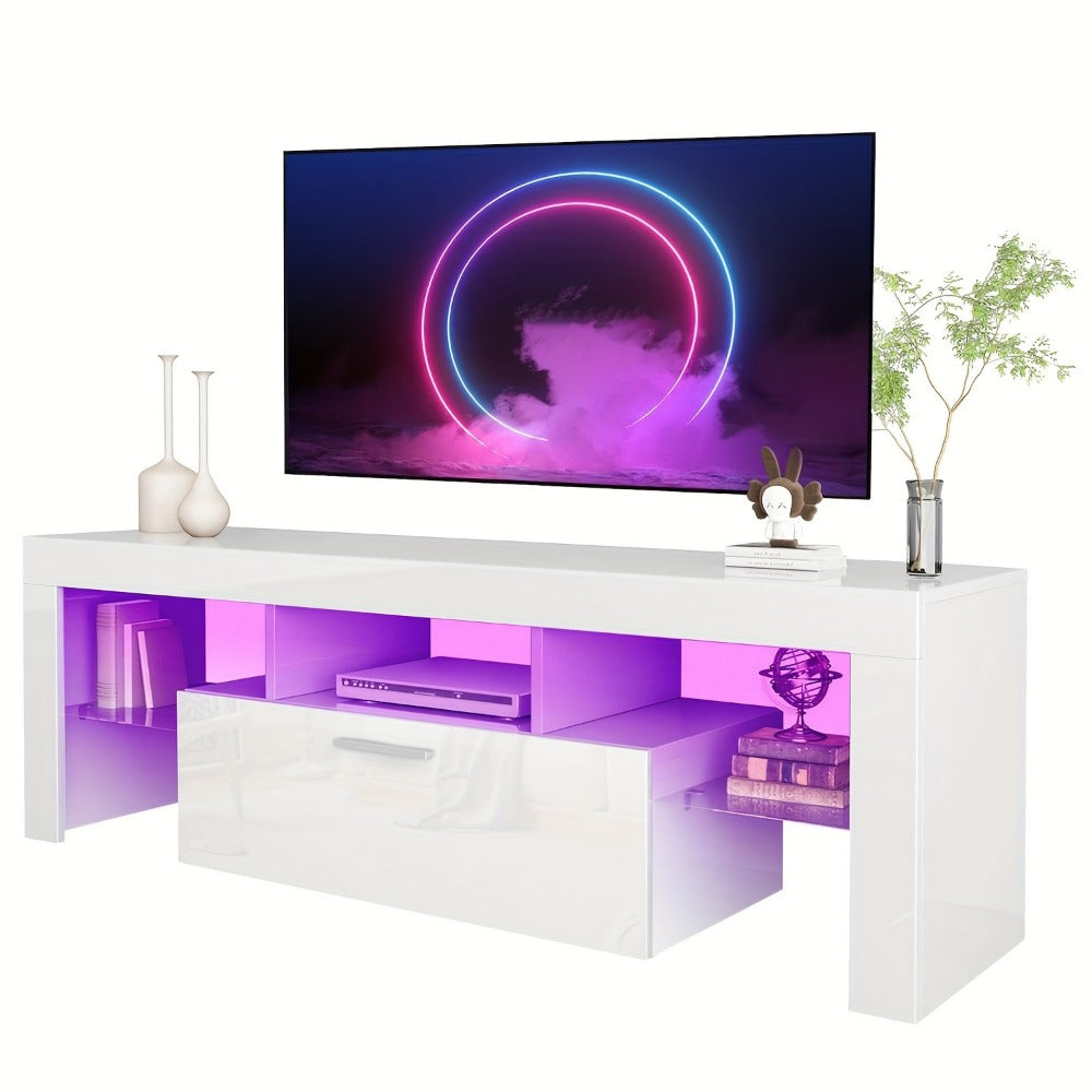 Contemporary LED TV Stand with Storage Drawers, High Gloss Media Console Table for TVs up to 80 Inch, Entertainment Center for Living Room Game Room Bedroom, 51" 63" 71" Sizes Black White Brown