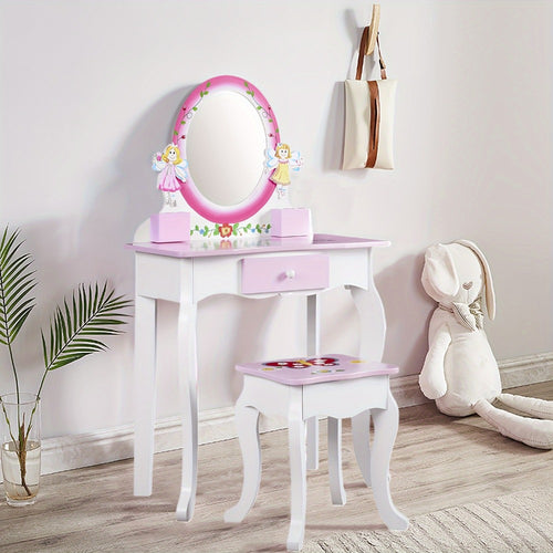 Children's Vanity Table Set, Fairy Vanity Table & Stool Set, Wooden Vanity Tables Set With Mirror And Storage Drawer Perfect Gift For Girls