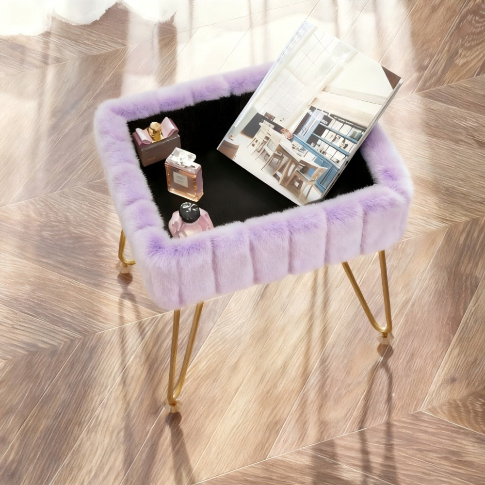 Vanity Stool with Storage Hidden Compartment Gold Metal Legs Upholstered Makeup Chair Shoe Bench Bedroom Accent 5 Colors Pink White Black Purple PU Leather