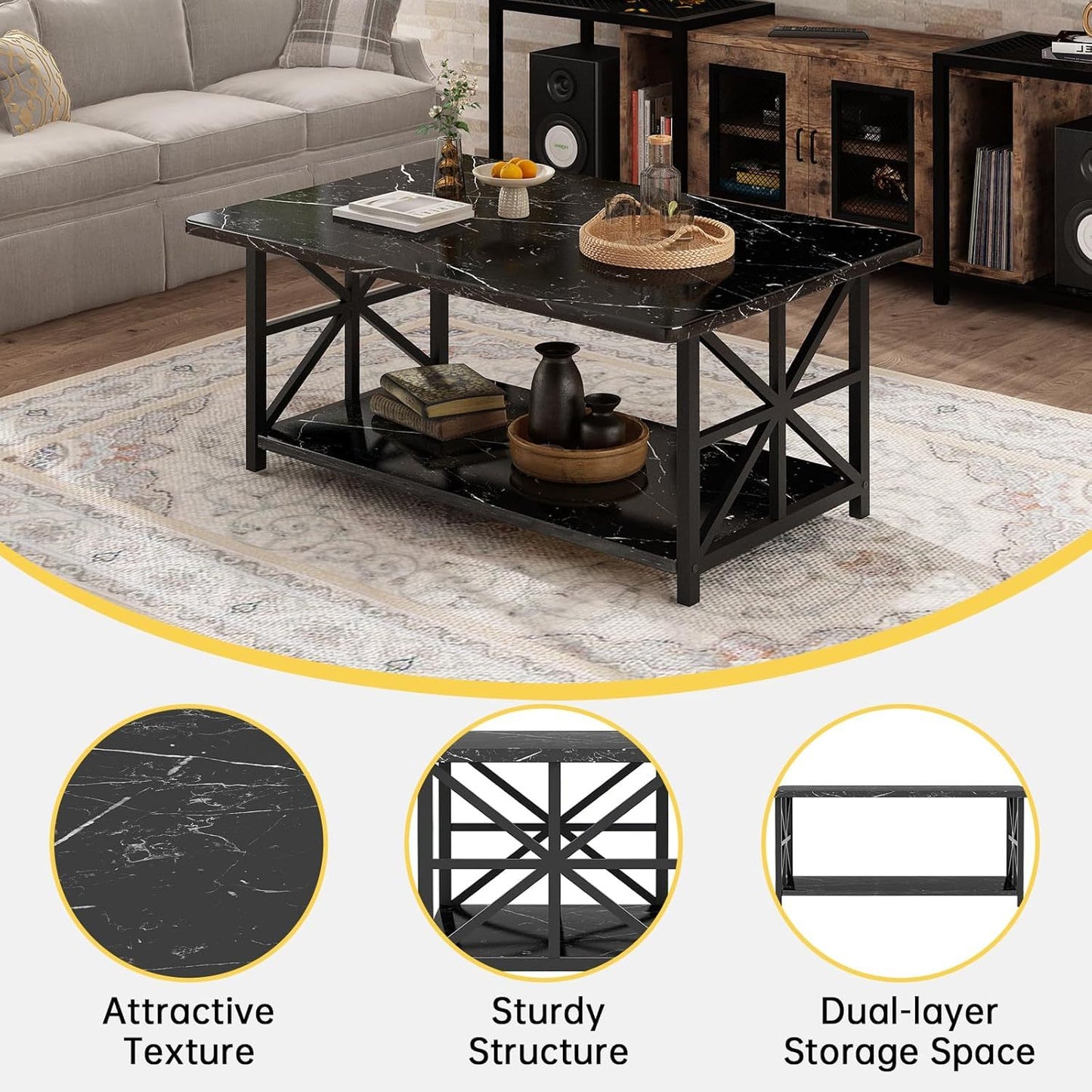 LTTROMAT Modern Coffee Table for Living Room, Faux Marble 2-Tier Coffee Table with MDF Broad & Metal Frame, Farmhouse Style Rectangular Center Table for Small Space, Space Saving Tea Table for Bedroom, Kitchen, Office