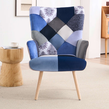 Patchwork Accent Chair High Back Armchair with Memory Foam Cushion & Hardwood Legs – 330 lbs Capacity Linen Upholstered Reading Chair for Living Room Bedroom Home Office, 6 Colors