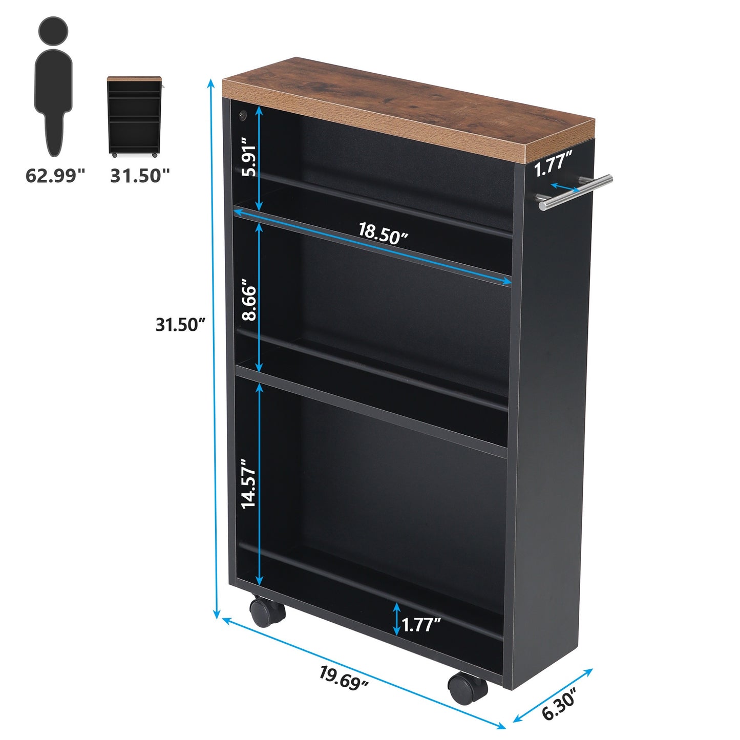 Slim Storage Cart with 4-Tier Slide Out Shelves, Rolling Narrow Utility Cart on Wheels for Small Spaces, Kitchen, Bathroom, Laundry Room, Rustic Design with Handle